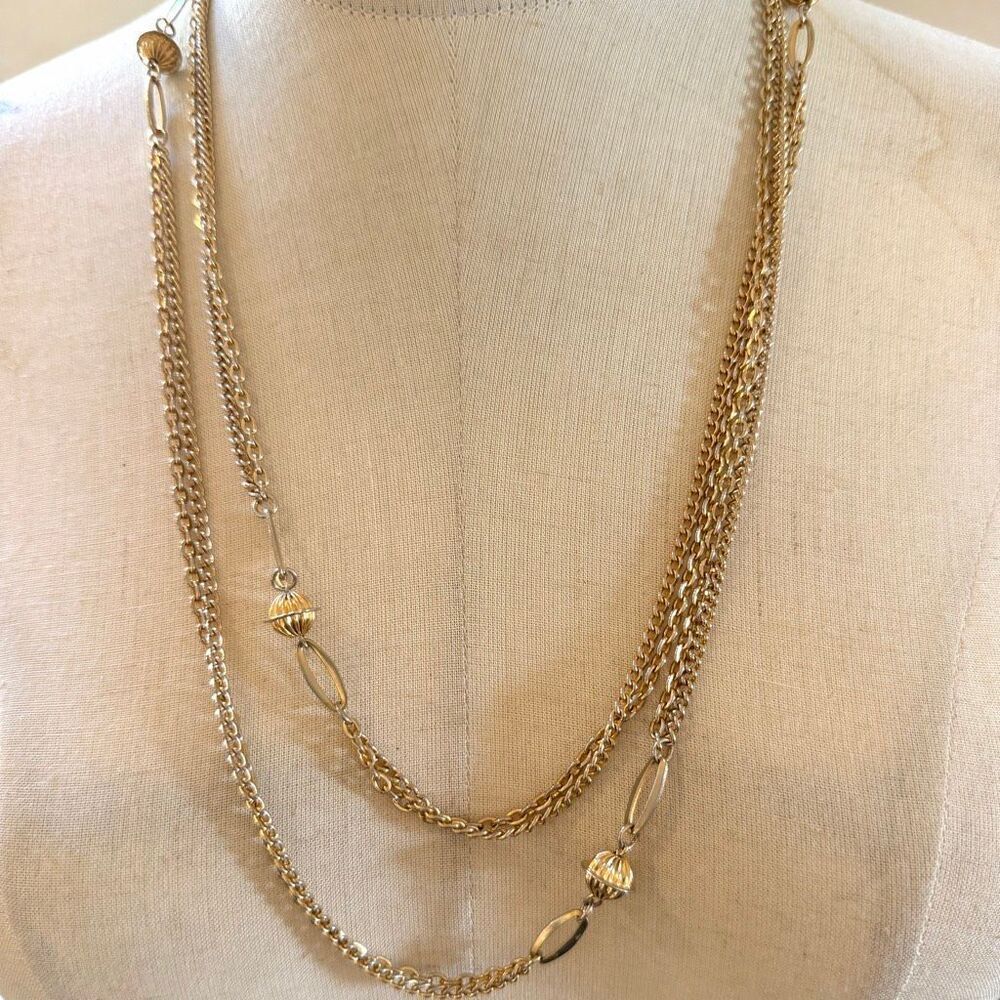 Vintage Extra Long Gold Tone Station Chain Necklace